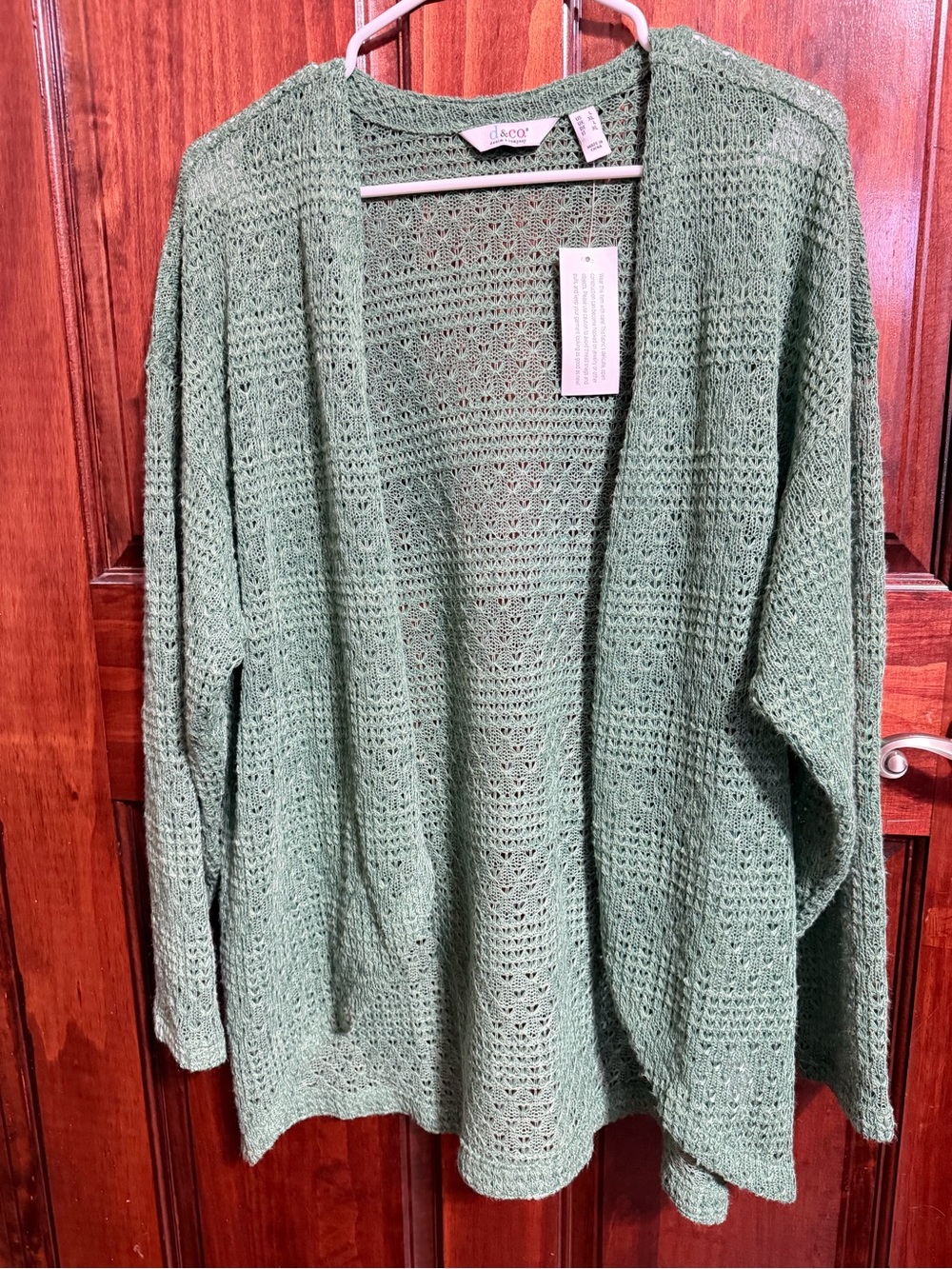 D&Co Denim & Company Sage Green Crochet Knit Open Front Cardigan L NWT